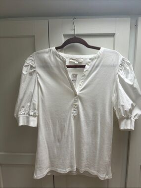 LOFT White Puff Sleeve Henley Blouse
